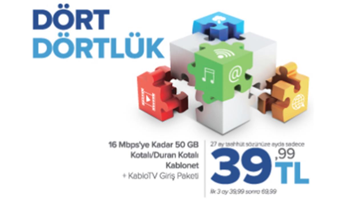 Kablonet İnternet Dört Dörtlük Kampanya İlk 3 Ay 39,99 TL 